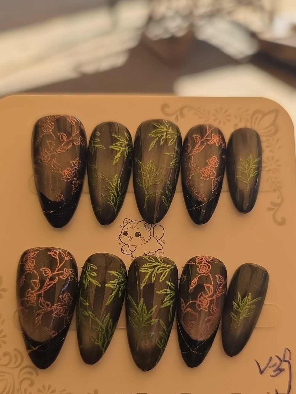 False Nail Set  - Black with Green & Pink Floral Accents Size Large